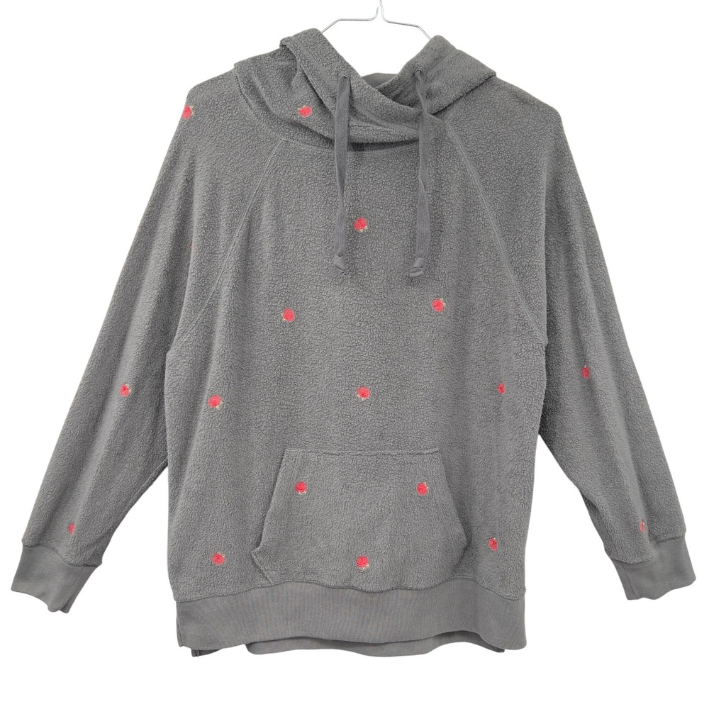 PINK Victoria's Secret Gray Terry Rose Embroidered Hoodie Pullover Womens M cozy - Picture 1 of 4